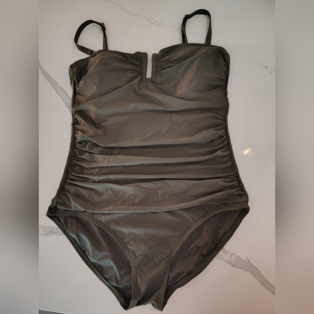 Ruched Olive Green Bikini Top with Adjustable Straps
